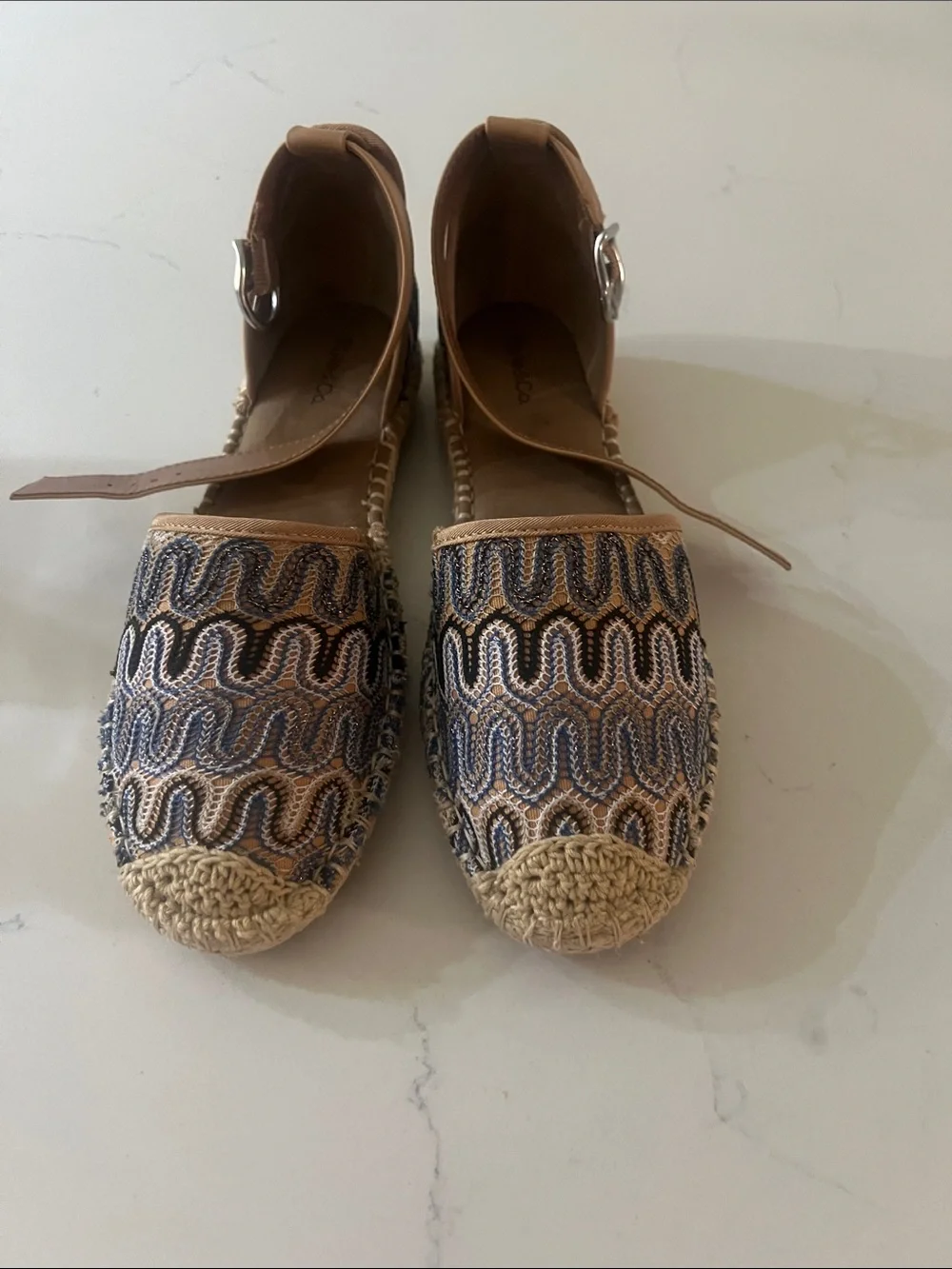 New York & Company Navy and Tan Woven Espadrille Ankle-Strap Flats boho whimsy